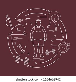 Fat man and different sports equipment. Healthy lifestyle. Exercise bike, skipping rope, stopwatch, dumbbells.