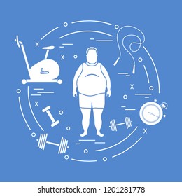 Fat man and different sports equipment. Healthy lifestyle. Exercise bike, skipping rope, stopwatch, dumbbells.