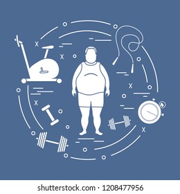 Fat man and different sports equipment. Healthy lifestyle. Exercise bike, skipping rope, stopwatch, dumbbells.