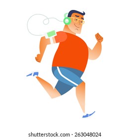 Fat man does running and listening to music in the player and headphones. Sports and fitness