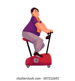 Fat man doing cycling workout, cartoon vector illustration isolated on white background. Obese, chubby man trying to get fit by cycling, doing cardio exercises
