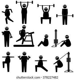 fat man doing various exercise and loosing weight icon symbol pictogram vector sign