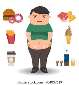 Fat Man Doing Waistline With Unhealthy Lifestyles Around Him Like Junk Food, Flat Concept Of Bad Habits, Vector Cartoon Illustration.