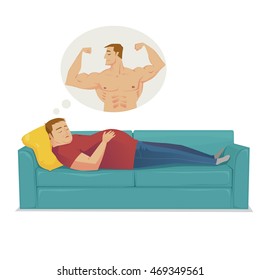 Fat Man dreaming about hardy shape. Vector flat illustration.