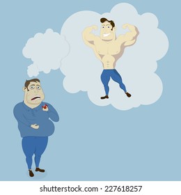 Fat man dreams. Shapely strong man