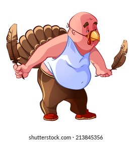 The fat man dressed in a turkey costume. Funny cartoon character on a Thanksgiving day. Vector clip-art illustration on a white background.