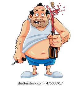 Fat Man Drink Champagne Beer Cartoon Character Design, Opening Champagne Bottle Vector Illustration