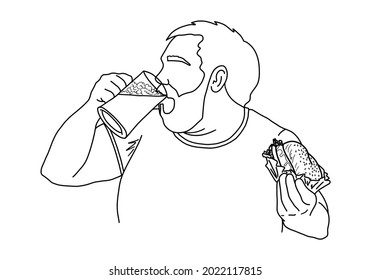 Fat man drinking beer and eating a burger. A Bearded man holding a beer mug and a hamburger. Outline sketch. Vector illustration.