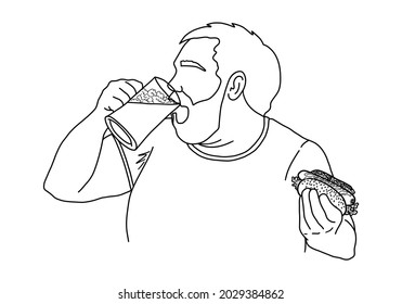 Fat man drinking beer and eating a hot dog. A Bearded man holding a beer mug and a hamburger. Outline sketch. Vector illustration.