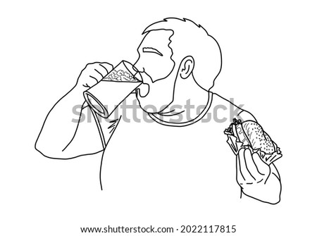 Fat man drinking beer and eating a burger. A Bearded man holding a beer mug and a hamburger. Outline sketch. Vector illustration.