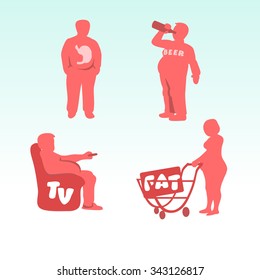 Fat man drinking beer. Fat women get shopping. Fat man watching tv. Fat man wants to eat. Layered vector illustration.