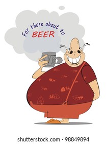 A fat man drinks a big glass of beer and looks healthy and happy. For those about to beer.