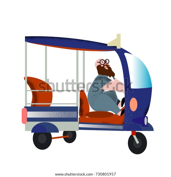 Fat\
man drives a Thai bus named Tuk Tuk with\
happiness.