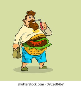 Fat Man Eat Burger Sandwich Soda Soft Drink Junk Unhealthy Fast Food Concept Big Stomach Obesity Weight Problem Flat Vector Illustration