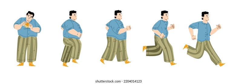 Fat man eat hamburger, start running and loss weight. Person with overweight jogging and get healthy slim body. Concept of diet, exercises and activity for health, vector flat illustration