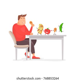 Fat man eating a big chicken leg in flat style. Food dances on the table