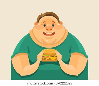 Fat man eating a big hamburger. Vector flat illustration