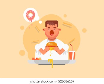 Fat man eating a big hamburger in flat style. Bad Habits