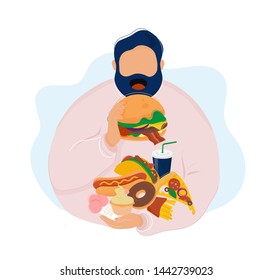 Fat man eating burger and holding various fast food in his hand. Food addiction concept. Flat modern trendy style.Vector illustration character icon. Isolated on white background.
