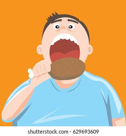 Fat man eating chicken leg or drumstick-vector cartoon.