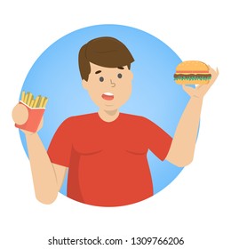 Fat man eating fast food. Unhealthy nutrition concept. Burger and french fries for dinner. Junk food. Isolated flat vector illustration