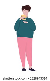 Fat man eating fast food. Unhealthy nutrition concept. Burger for dinner. Junk food addiction. Isolated flat vector illustration