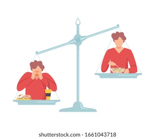 Fat Man Eating Fast Food is on One Side of Scales, Guy with Healthy Food on the Other, Bad and Good Habits, Choosing Between Healthy and Unhealthy Lifestyle Flat Vector Illustration