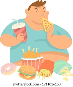 Fatter Mann isst Fast Food. Hass auf Diät! Gesundheitsprobleme aufgrund von Mangelernährung.