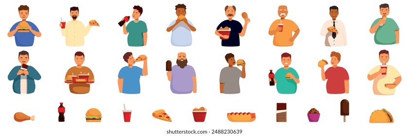 Conjunto de iconos de comida rápida de hombre gordo. Grande grupo de hombres con sobrepeso disfrutando de comer comida rápida, bocadillos y beber bebidas azucaradas