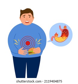 Fat man eating food and feel pain in stomach concept vector illustration. Stomach acid and digestive system problem. Gastritis acid reflux.