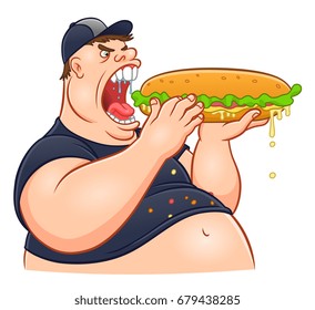 Fat Man Eating Giant Sandwich