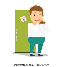 Fat man eating hamburger next to fridge colorful image on white background. Vector illustration