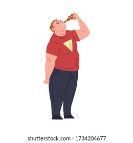Fat Man Eating Pizza, Obese Guy Enjoying of Fast Food Dish, Unhealthy Diet and Lifestyle Vector Illustration