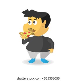 Fat man eating pizza. Vector.