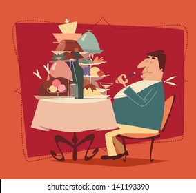 Fat man eating in a restaurant. Retro style vector illustration