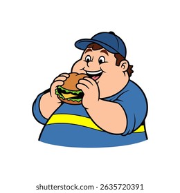fat man eating a sandwich