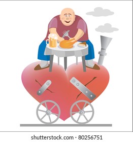 Fat man eating and siting on his torn heart. Vector illustration.