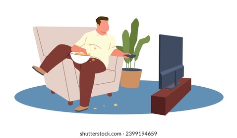 Fat man eats in front of TV. Boy sitting on sofa and watching television. Unhealthy lifestyle and resting at home. Bad habits. Problems with weight. Cartoon flat isolated vector concept