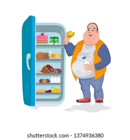 The fat man eats a hamburger in an open refrigerator in which there are many foods