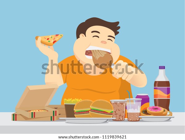 太った男性は テーブルの上でファストフードをたくさん食べて楽しむ 食べ過ぎに関するイラスト のベクター画像素材 ロイヤリティフリー