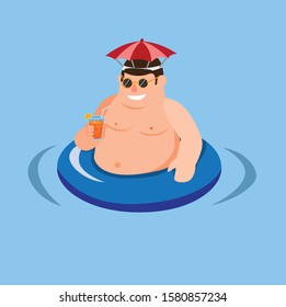 fat man enjoy in water pool wear umbrella hat and eyeglasess in cartoon flat illustration vector