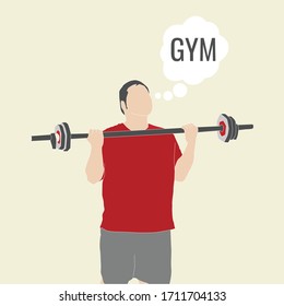 fat man excercise with barbell for diet and think of gym