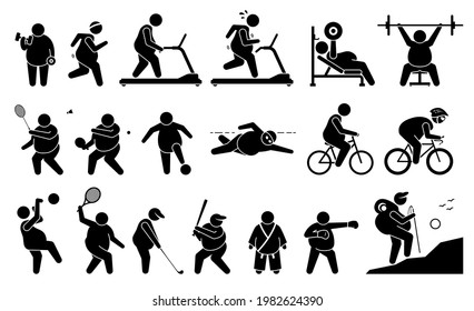 Fat man exercise at gym and playing sport for weight loss, fitness, and active lifestyle. Vector illustrations depict obese man exercising, workout, and playing 