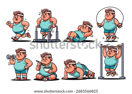 Fat man exercising for diet, cartoon vector. Suitable for diet, health and lifestyle
