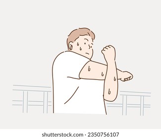  fat man exercising. Hand drawn style vector design illustrations.