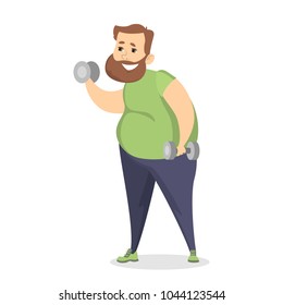 Fat man exercising on white with equipment.