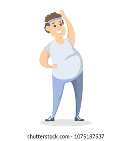 Fat man exercising. Man with overweight doing fitness.