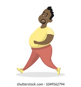 Fat man exercising and running on white.