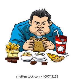 A fat man with the fast food. 