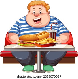 Fat Man with Fast Food on the Table illustration